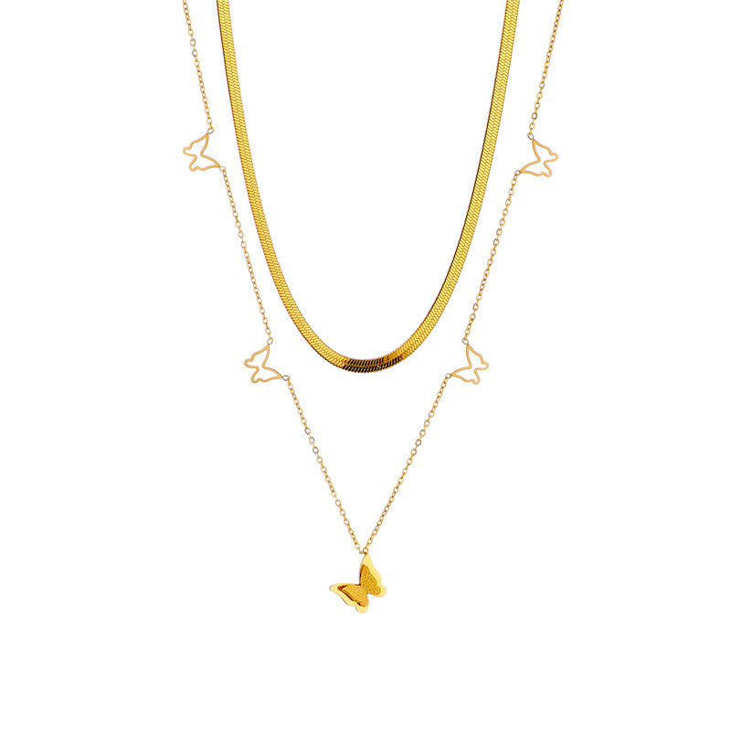 Minimalist Double-Layer Hollow Butterfly Pendant Necklace in Titanium Steel with Plated Finish for Women