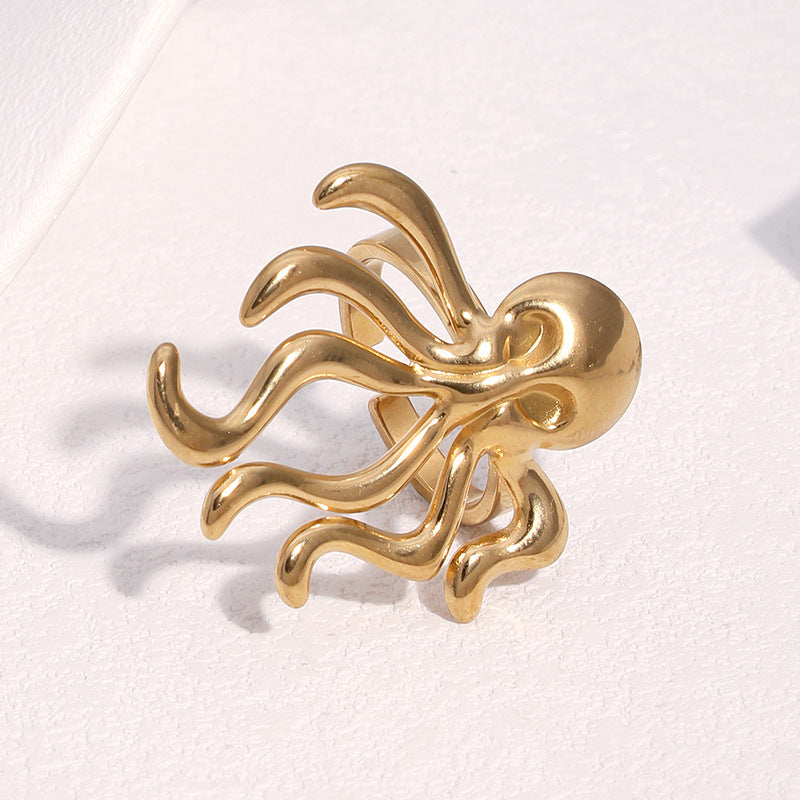 Minimalist 18K Gold Plated Stainless Steel Octopus Open Ring for Women