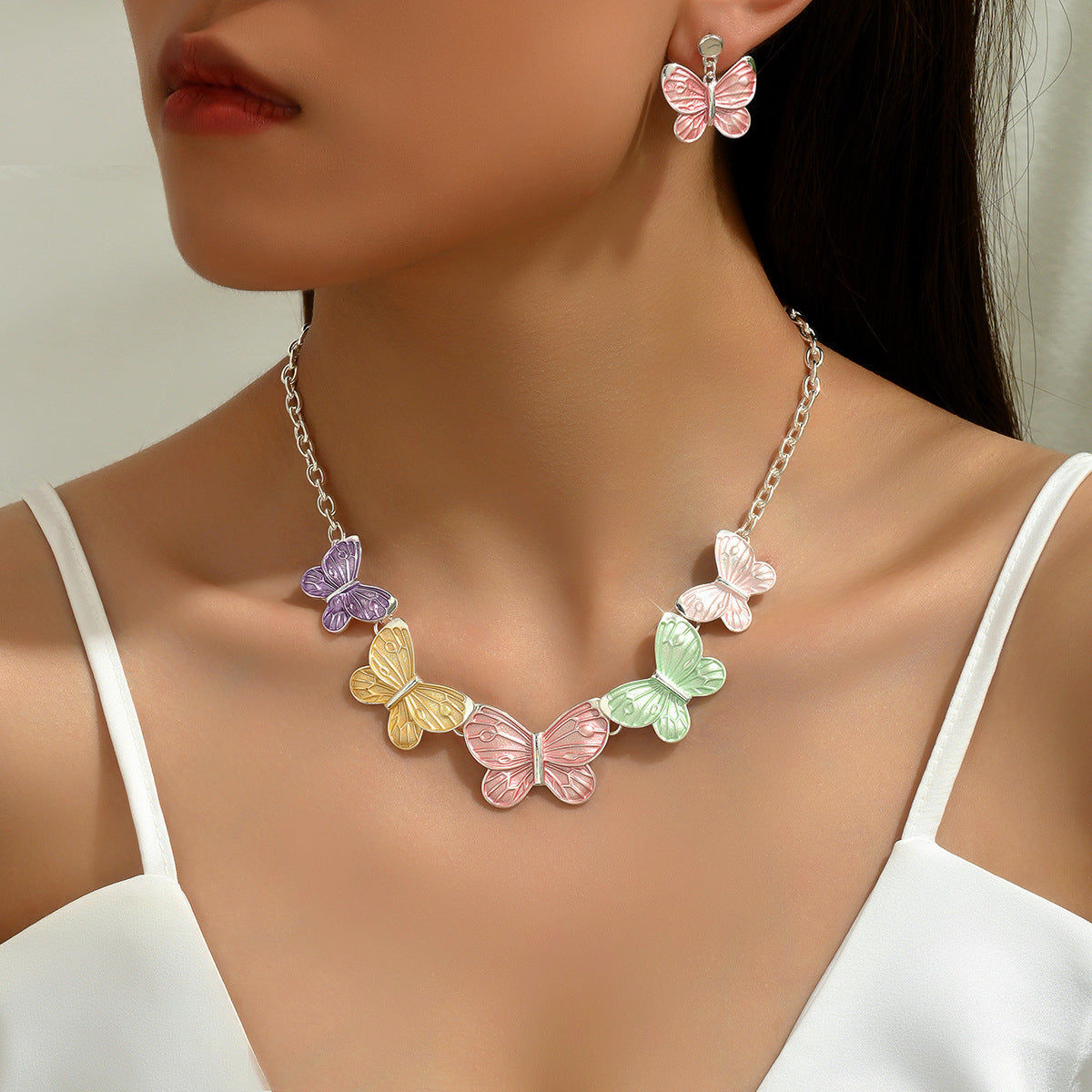 Fashionable Office Lady Enamel Butterfly Necklace and Earrings Set in Metal with Animal Motifs for Women