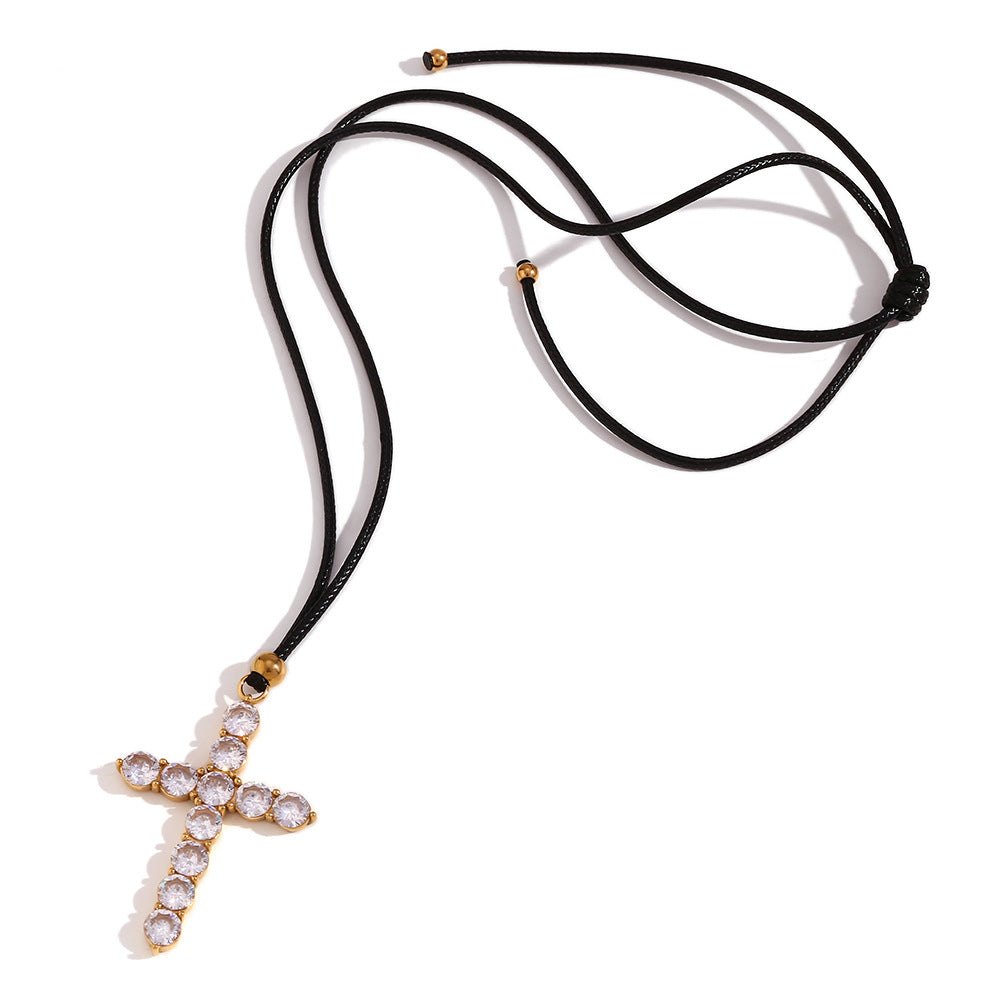 Fashionable Cross-Shaped Pendant Necklace in Stainless Steel with 18K Gold Plating on Black Cord for Women