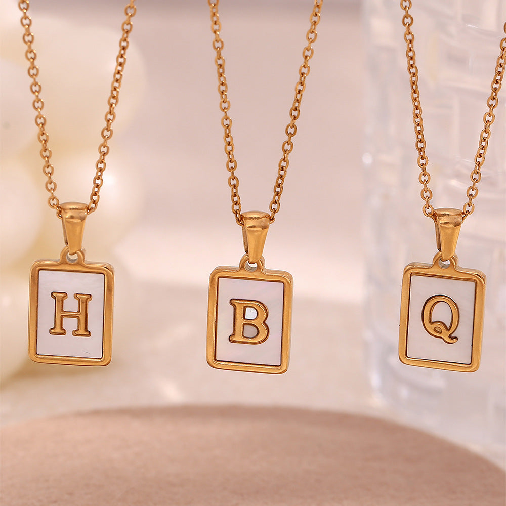 Minimalist 18K Gold Plated Square Letter Pendant Necklace Stainless Steel Shell Design for Women