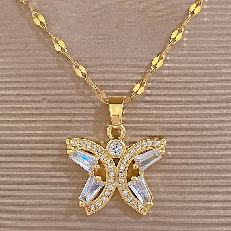 Luxury Titanium Steel Butterfly Pendant Necklace and Earrings Set with Hollow-Out Design for Women Formal Events