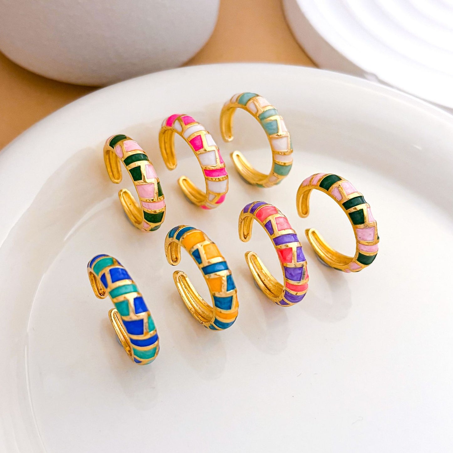 Minimalist Geometric Enamel Gold Plated Brass Ring with Polka Dot Pattern Adjustable Open Design for Women
