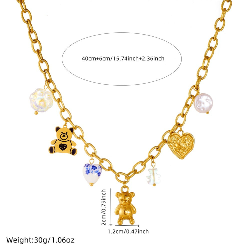 Chic Cartoon Animal Bear Gold Plated Stainless Steel Necklace with Cable Chain for Women