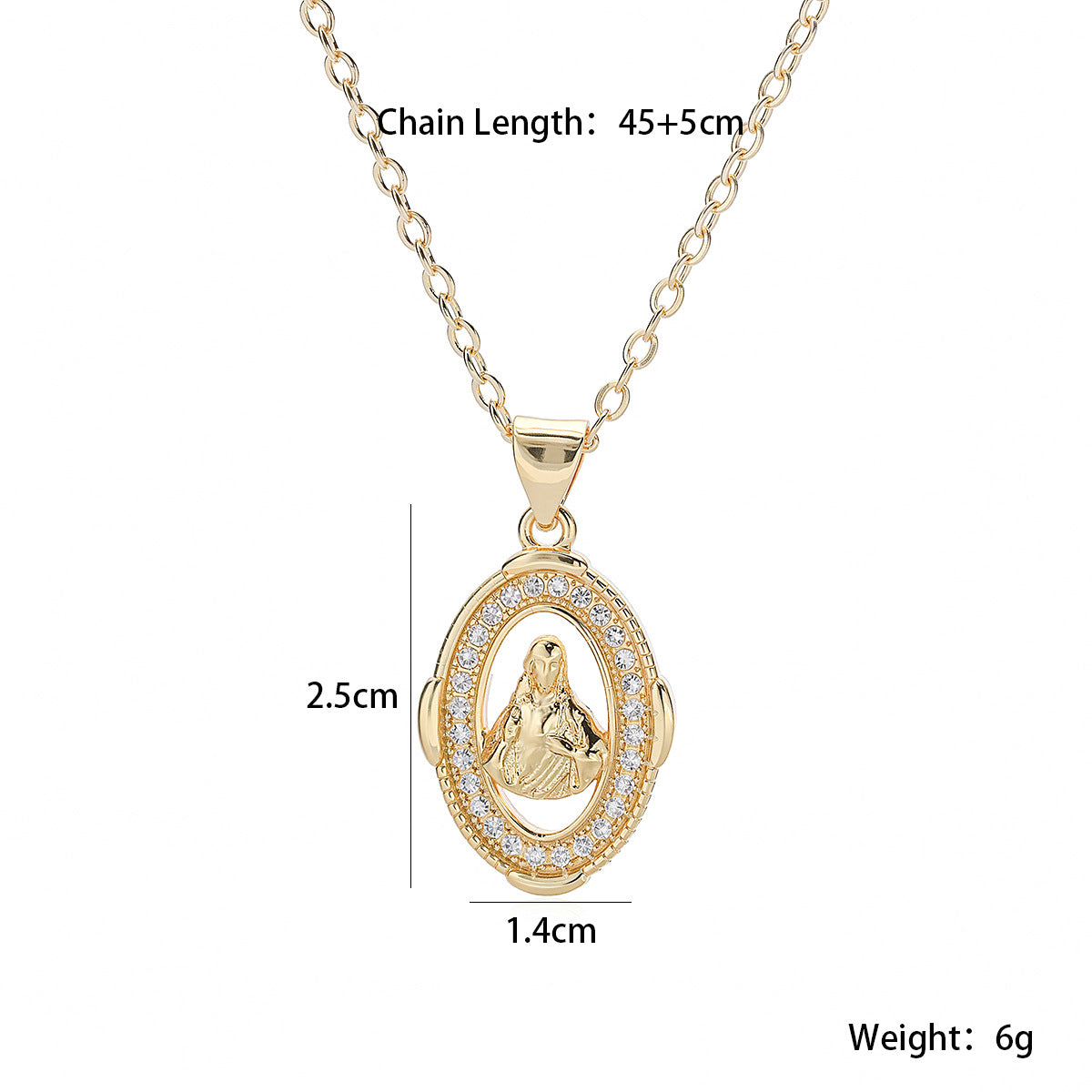 Vintage Minimalist Geometric Brass 18K Gold Plated Cubic Zirconia Virgin Mary Pendant Necklace