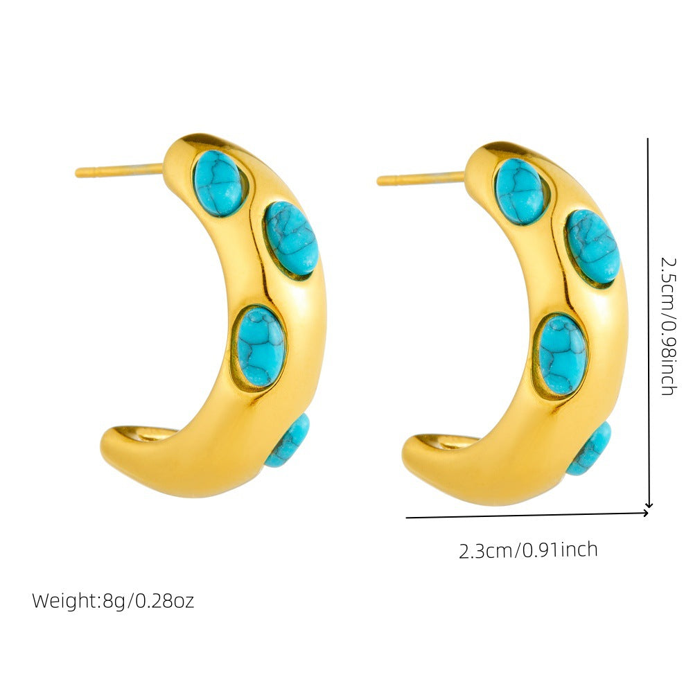 Vintage Elegant Micro-Inlaid Turquoise Geometric Round Stud Earrings Stainless Steel