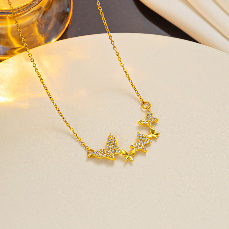 Minimalist Butterfly Pendant Necklace for Women Titanium Steel with Rhinestone Inlay Snake Chain Cold Aesthetic Clavicle Necklace