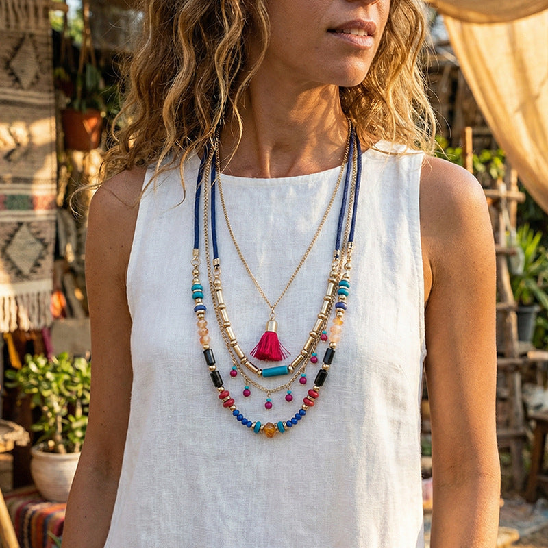 Bohemian Casual Geometric Resin and Alloy Ball Chain Necklace with Tassel Pendant Multi-layer