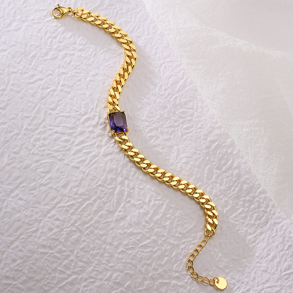 Bracciale da donna in rame con placcatura in oro 18K e intarsio in zirconi, stile punk hip-hop geometrico