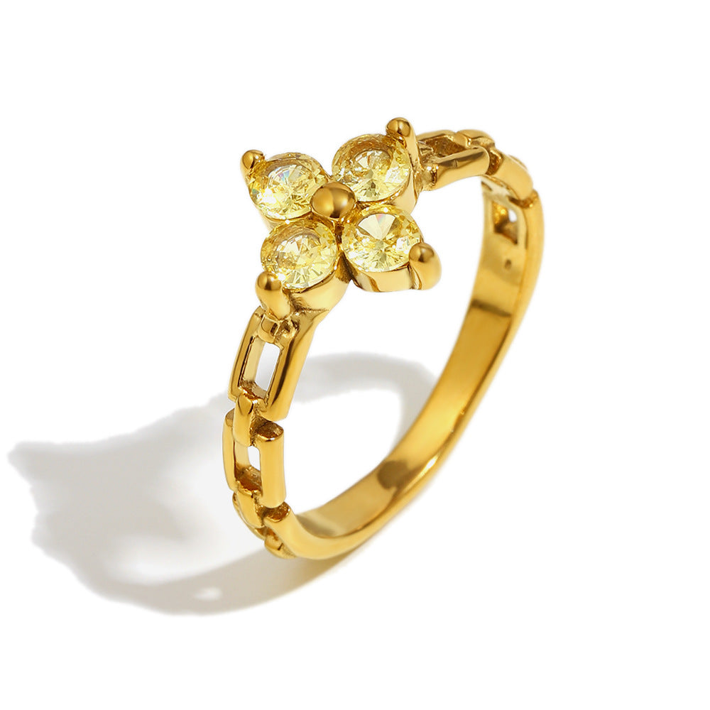 Anello Minimalista Geometrico in Acciaio Inox con Placcatura in Oro 18K e Dettagli in Zirconi per Donna