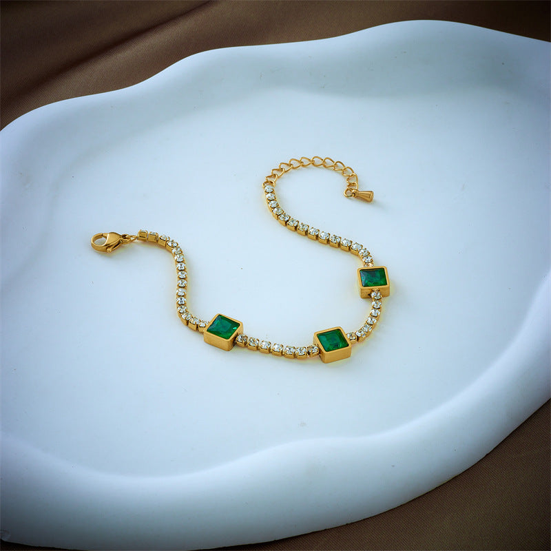 Fashionable Geometric Square Emerald Green Rhinestone Pendant Titanium Steel Bracelet for Women