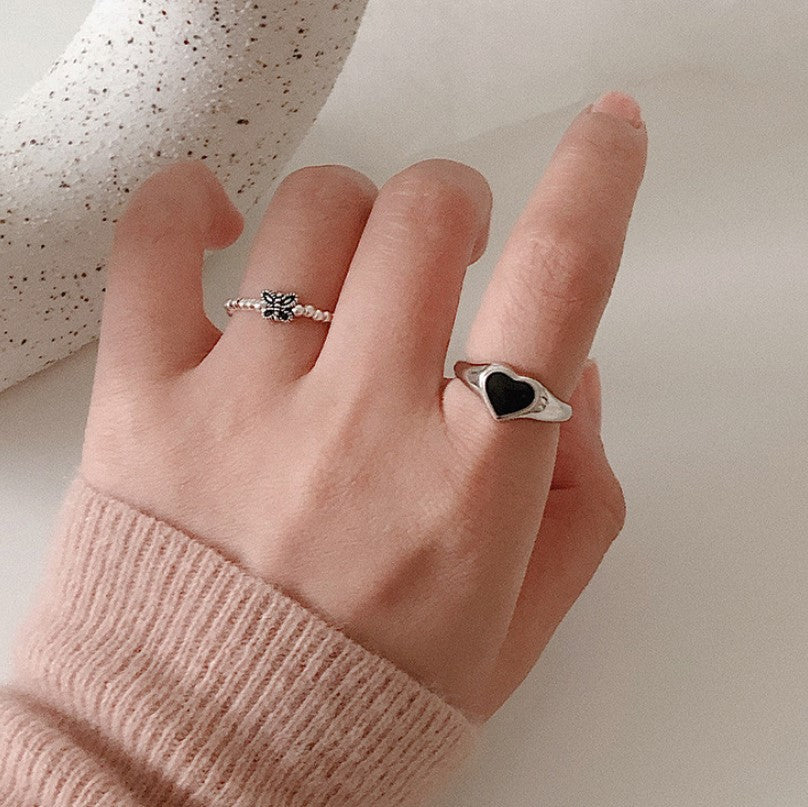 Vintage Minimalist Sweet 925 Sterling Silver Polished Heart Ring with Round Polka Dot Design Open Adjustable Band