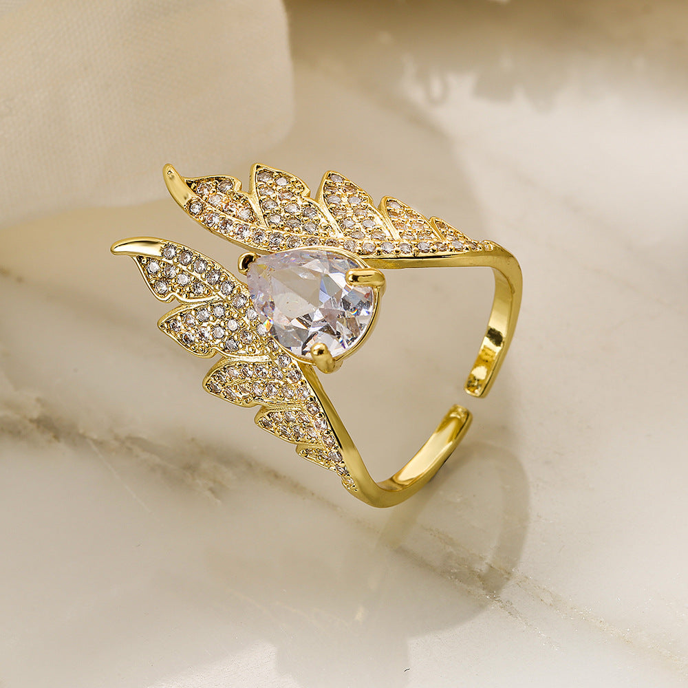 Geometric Wing-Shaped Copper Ring with Real Gold Plating and Zircon Inlay for Women