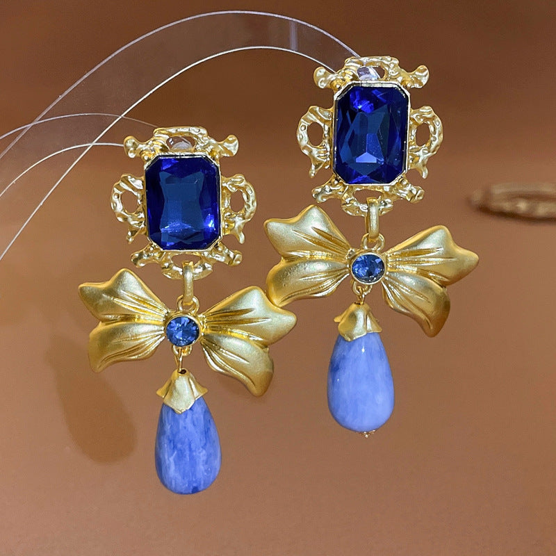 Vintage Bow-Shaped Rhinestone-Set Drop Earrings in Stainless Steel with Metallic Finish for Women