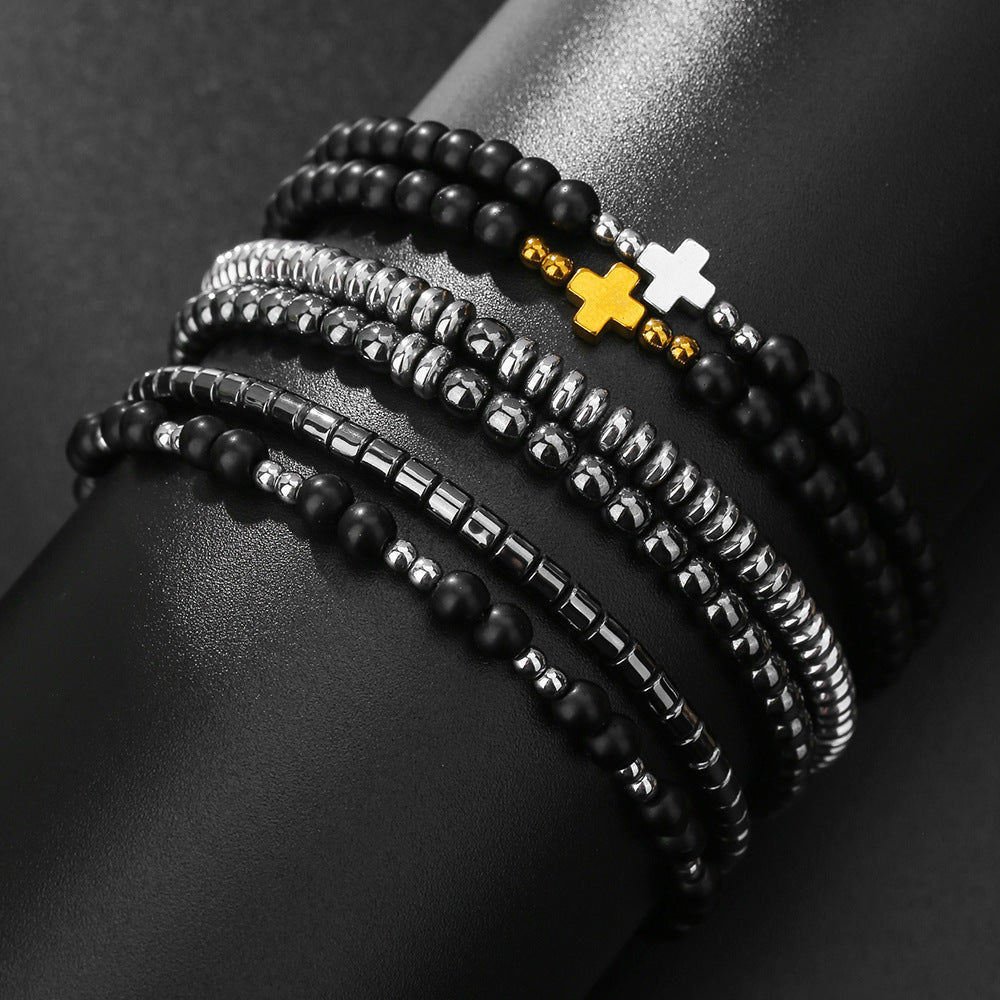 Hip-hop Handmade Geometric Cross Round Hematite Bracelet Set for Unisex