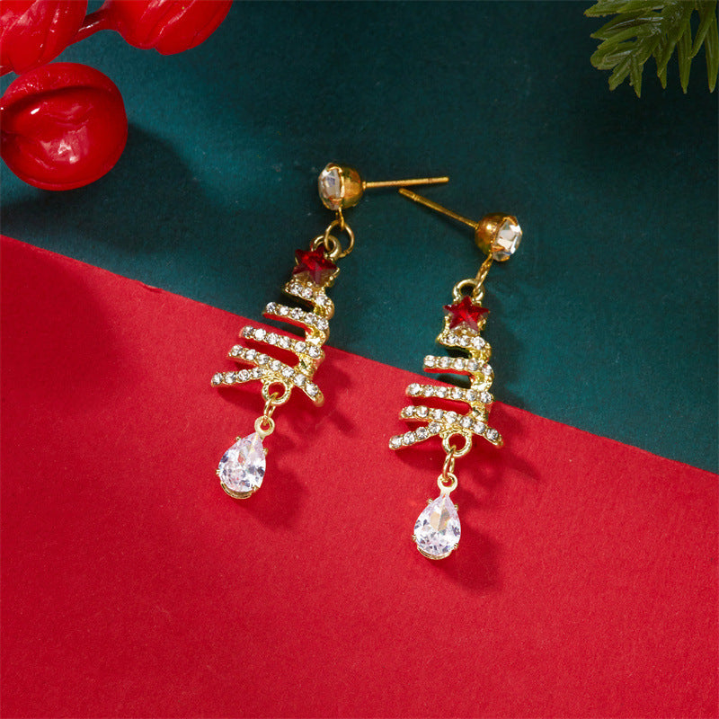 Orecchini a perno natalizi alla moda con albero di Natale in lega e intarsio di strass da donna, Regalo di gioielli festivi per le vacanze