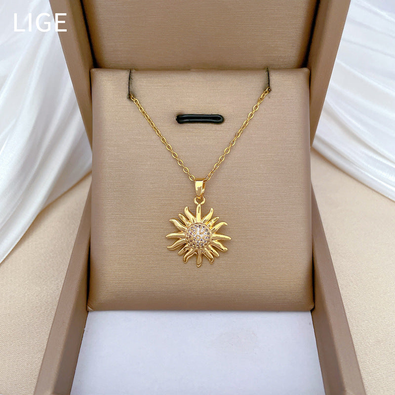 Collana con Ciondolo Girasole Lusso Titanio Acciaio Geometrico Ciondolo Collana Unisex