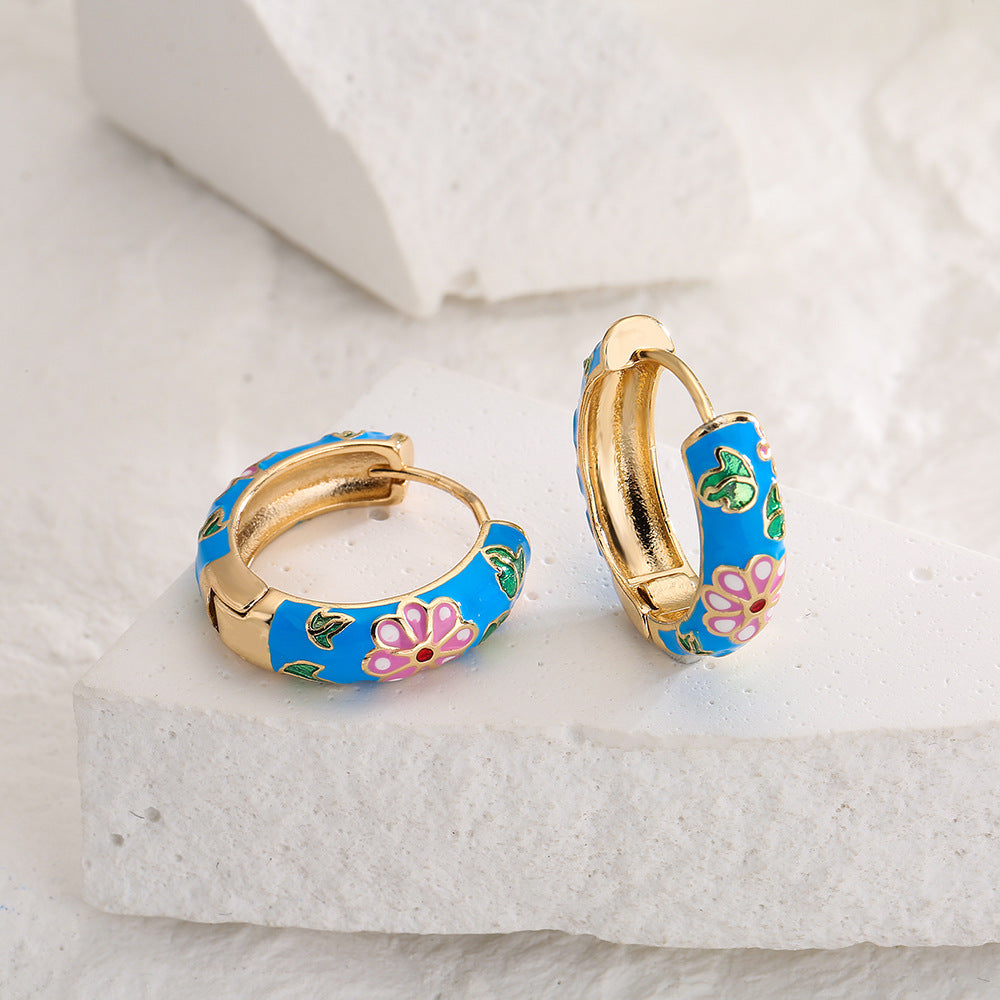 Minimalist Geometric Copper Hoop Earrings with 18K Gold Plating and Floral Enamel Accents for Women