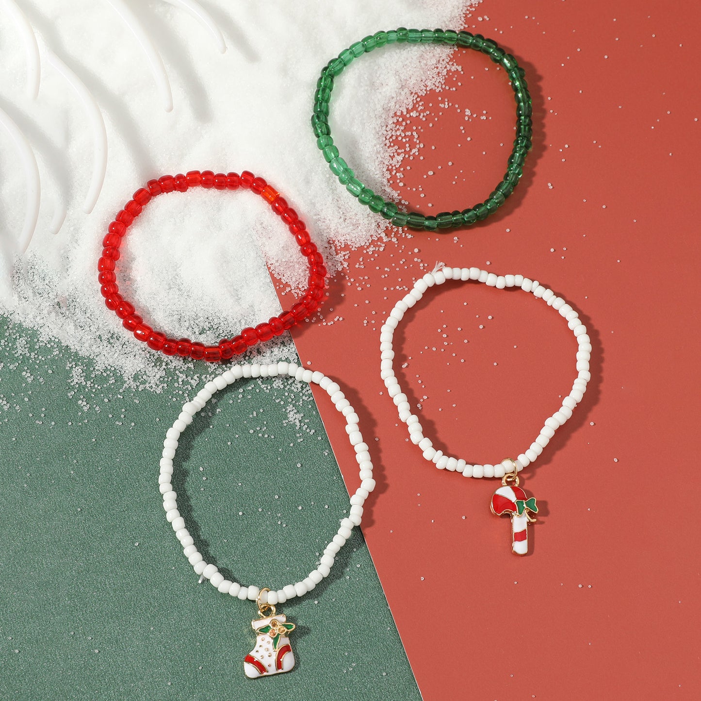 Set di braccialetti natalizi fatti a mano da donna, con perline in lega e design a bastoncino e calza, motivo geometrico, regalo di Natale