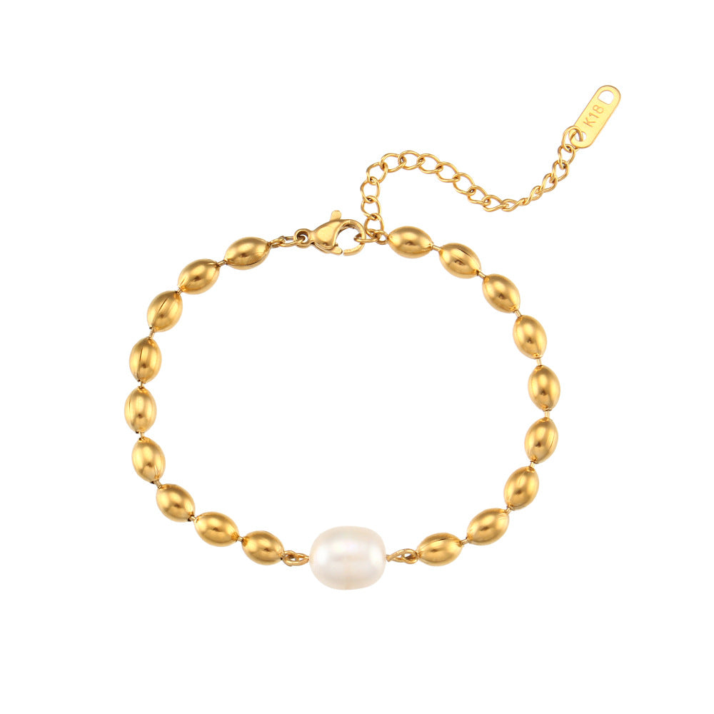Fashionable Oval Stainless Steel Beaded Pearl Necklace Set with Titanium Steel Pendant and Electroplated Finish for Women