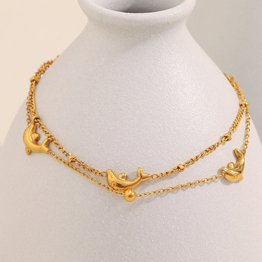 Elegant Ocean-Inspired Dolphin Pendant Necklace in Stainless Steel with 18K Gold Plating, Double-Layer Design with Pearl Accents