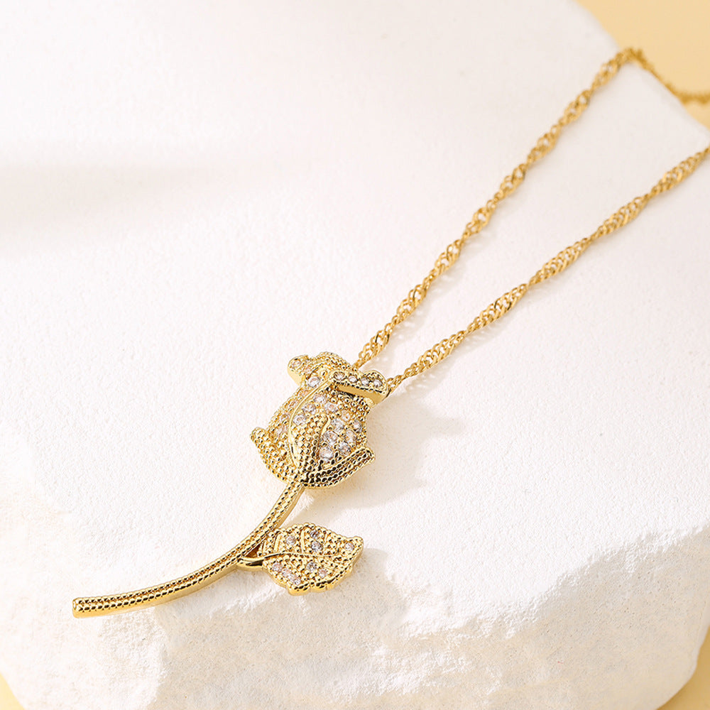 Elegant Rose Flower Pendant Necklace for Women in Copper with 18K Gold Plating and Zircon Inlay, Geometric Design