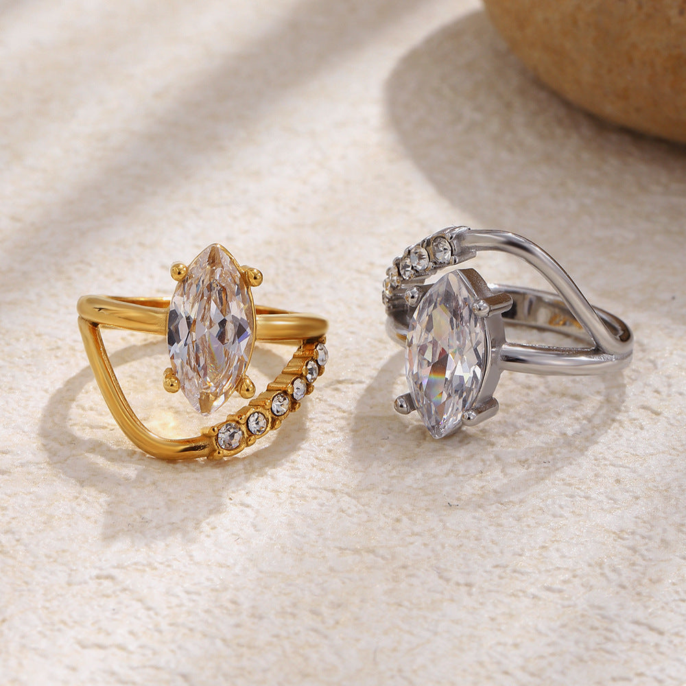 Luxury Minimalist 18K Gold Plated Stainless Steel Marquise Geometric Ring with Cubic Zirconia for Women
