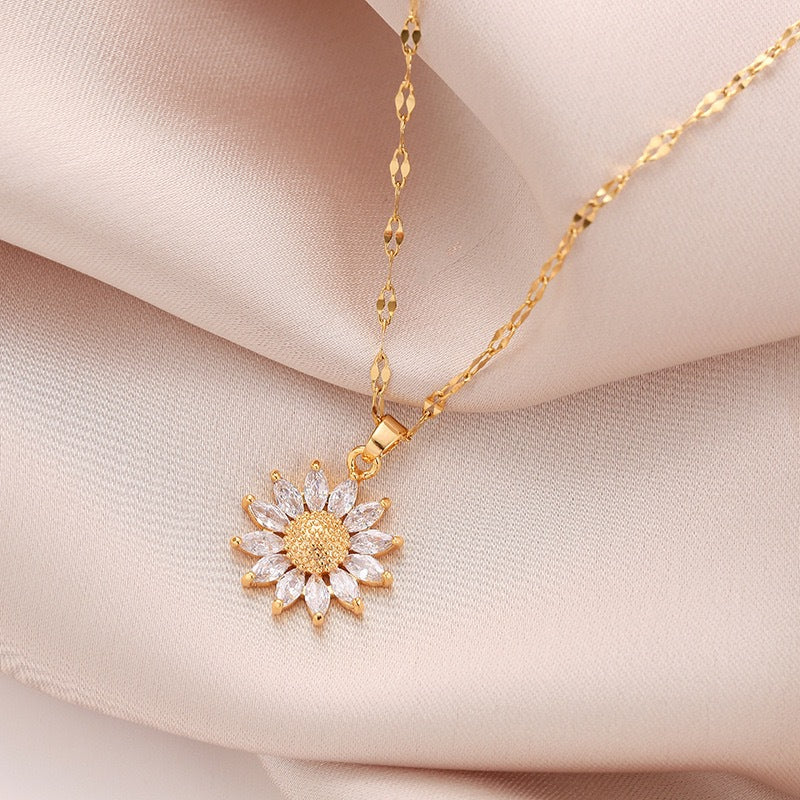 Original Design Sunflower Pendant Necklace for Women in Titanium Steel with Micro-Pave White Zirconia, Irregular Shape Locket Chain