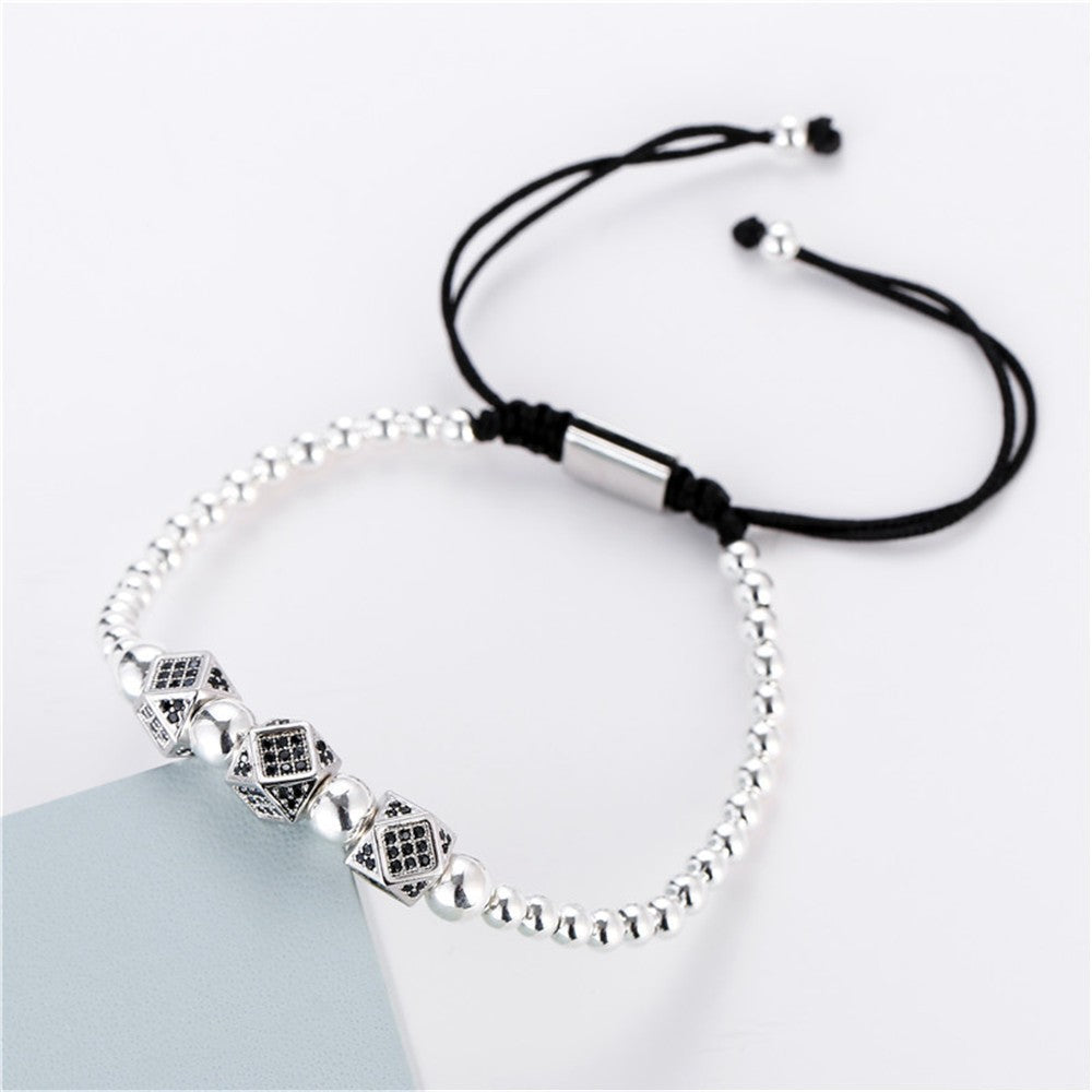 Unique Geometric Handmade Brass Bracelet with Cubic Zirconia and Adjustable Beads