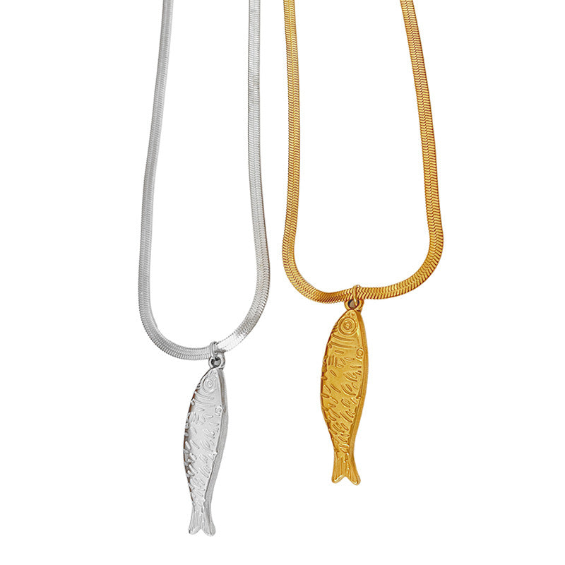 Vintage Fish Titanium Steel Plated Necklace with Snake Chain