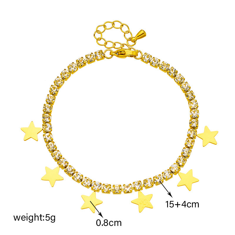 Vintage-Inspired Minimalist Star Pendant Necklace and Bracelet Set in Titanium Steel with Rhinestone Inlay and Plated Finish