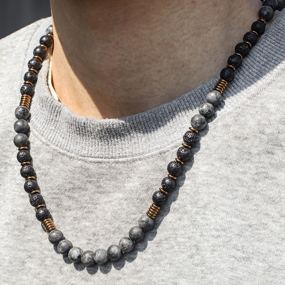 Hip-hop Handmade Geometric Round Volcanic Stone Flash Stone Hematite Beaded Necklace for Unisex with Cable Chain