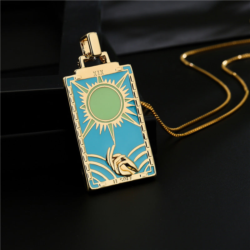 Vintage 18K Gold Plated Geometric Drip Oil Brass Pendant Necklace with Box Chain