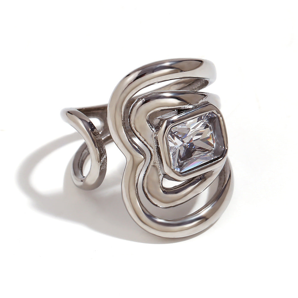 Minimalist Geometric Stainless Steel Ring with 18K Gold Plating and Micro-Paved Zirconia for Women