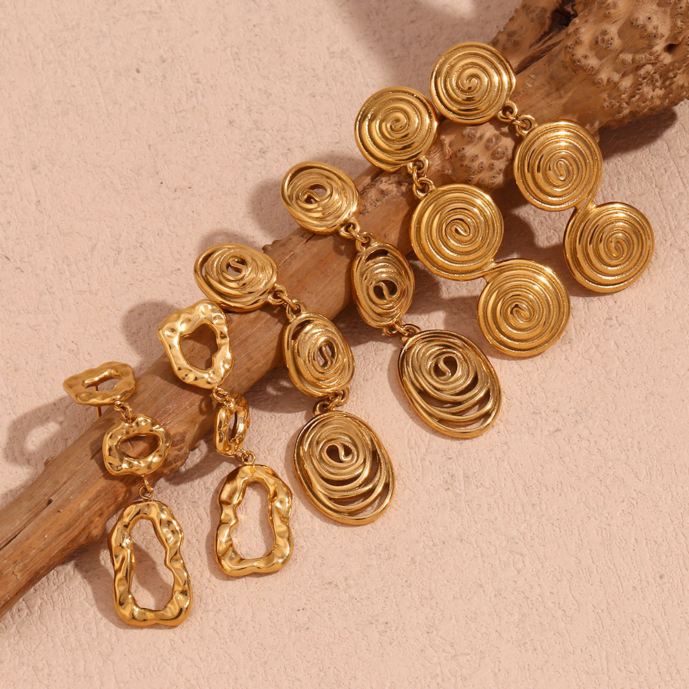Fashionable Geometric Hollow-Out Asymmetrical Hammered Texture Stainless Steel Ear Cuffs with 18K Gold Plating for Women