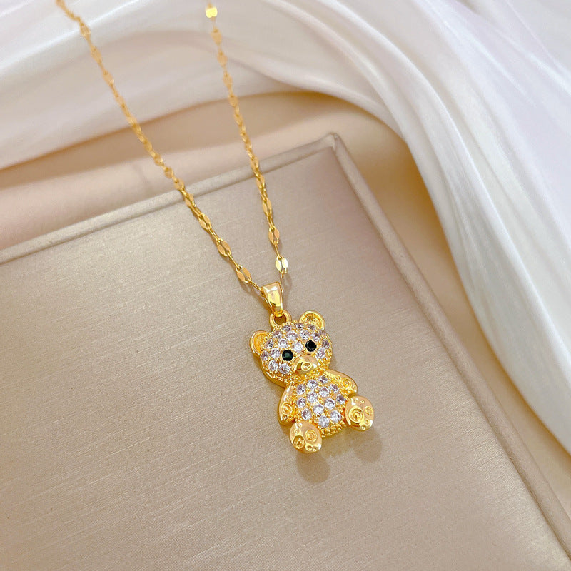 Luxury Sweet Bear Pendant Necklace in Titanium Steel with Rhinestone Inlay for Unisex