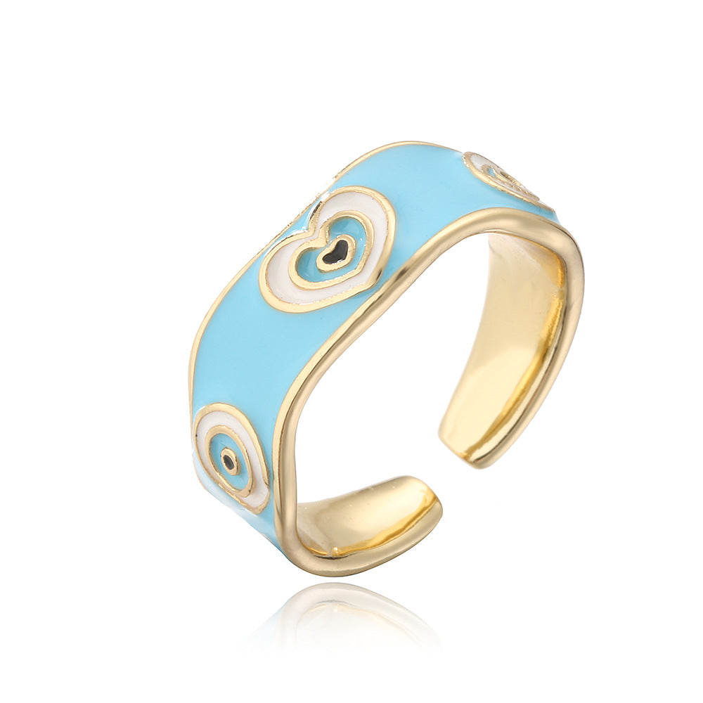 Minimalist Geometric Copper Ring with 18K Gold Plating and Enamel Heart-Eye Pattern