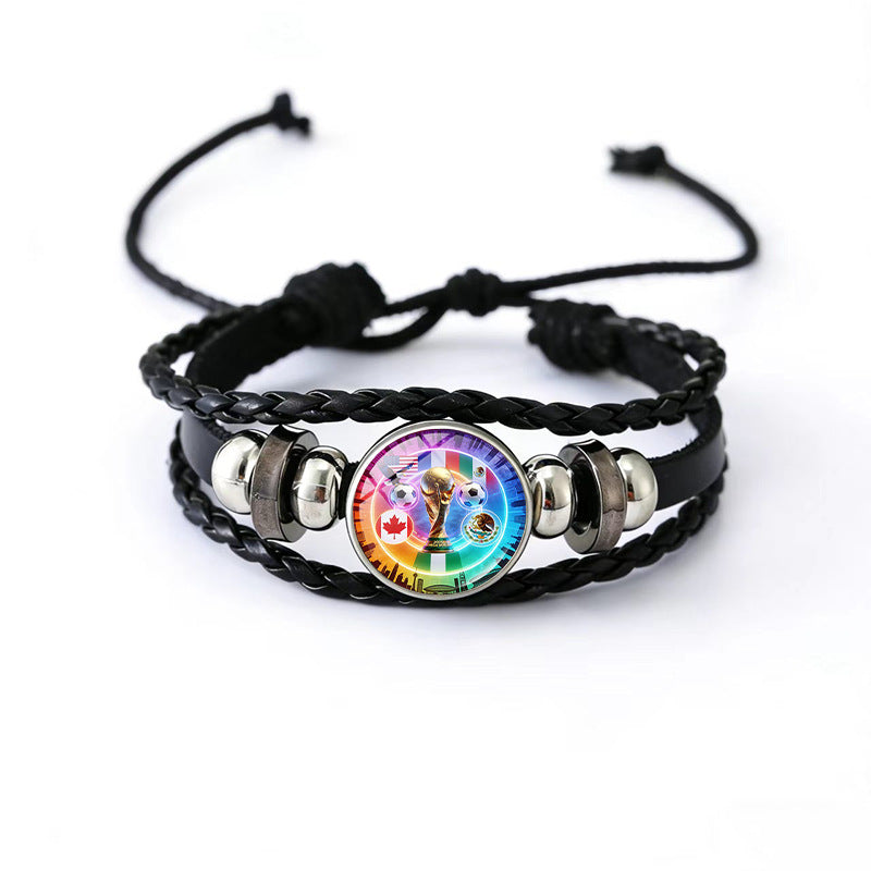 Vintage Geometric Round Black Leather Snap Button Bracelet Unisex Multi-layer Woven Fan Souvenir