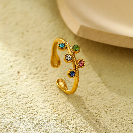 Anillo redondo vintage de acero inoxidable extragrande con diamantes de imitación de colores y acabado chapado para mujer