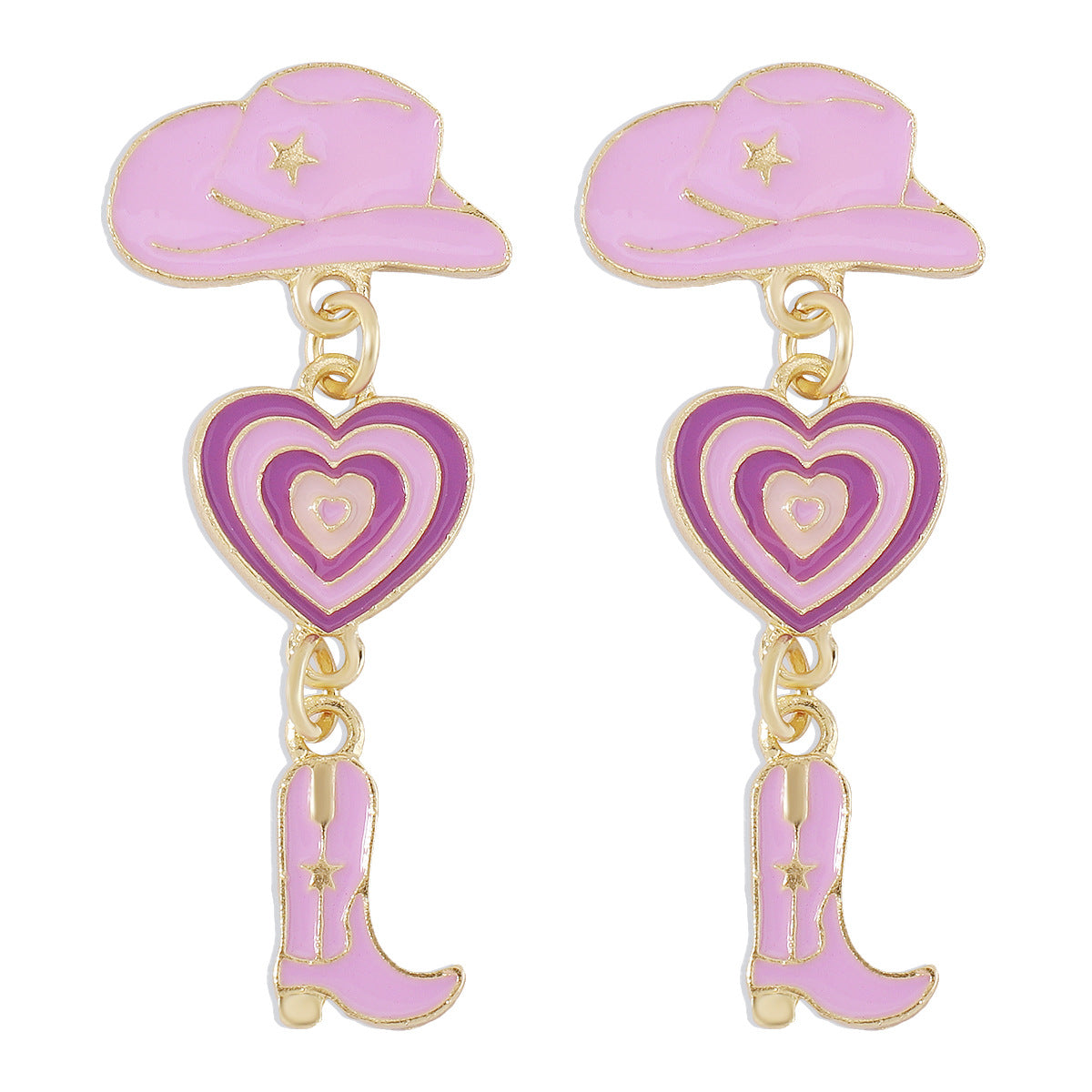Pendientes Geométricos de Aleación Dulces y Atrevidos con Acabado de Esmalte en Forma de Sombrero de Vaquero y Bota con Corazón
