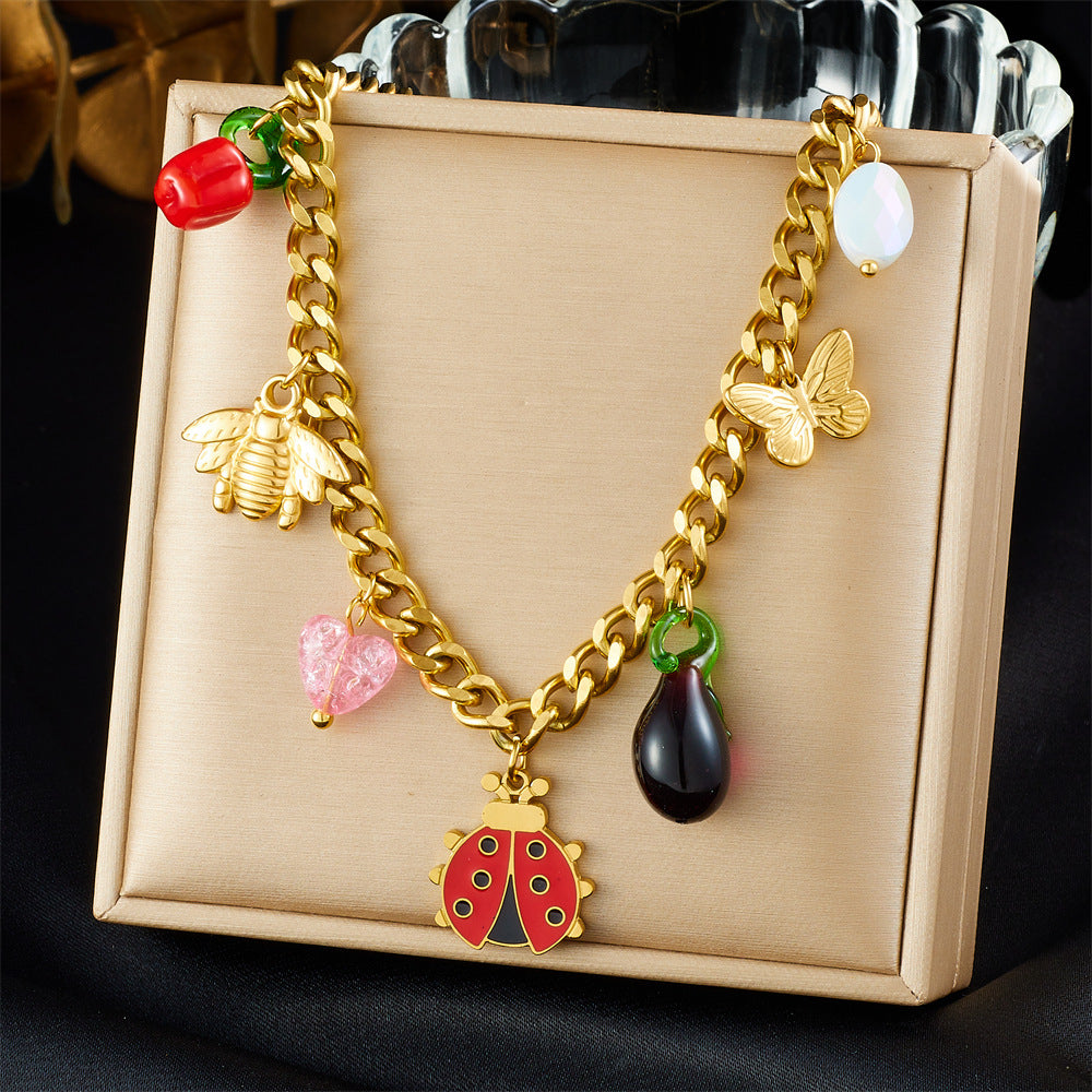 Fashion Cartoon Drip Oil Stainless Steel Butterfly Ladybug Bee Pendant Jewelry Set with Serpentine Chain for Women