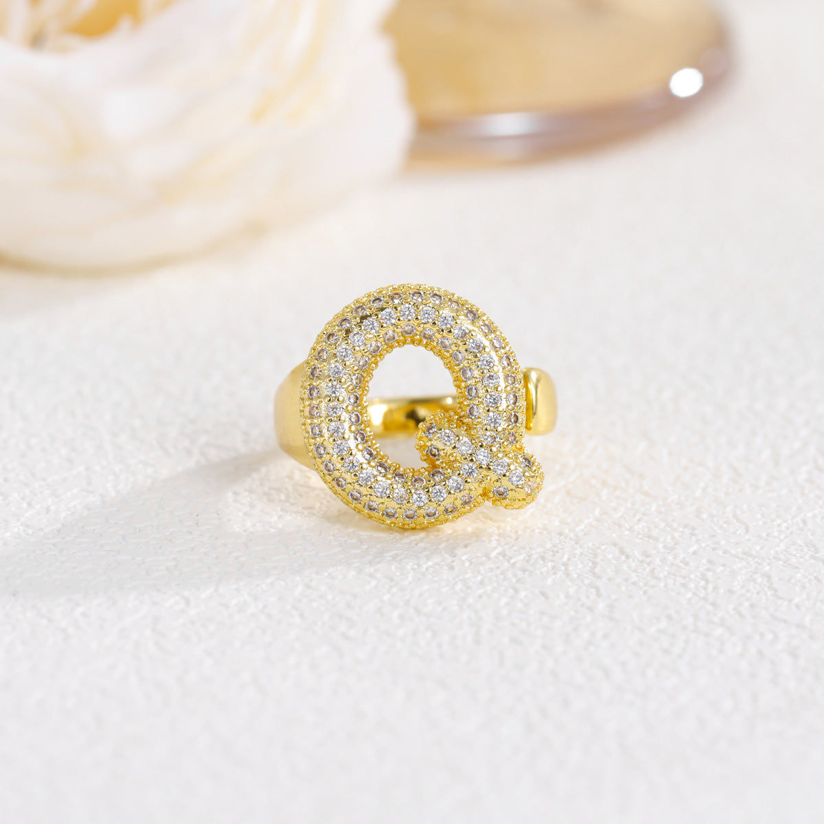 Sweet Plated Brass Letter Ring with Cubic Zirconia Adjustable Open Ring for Women and Men