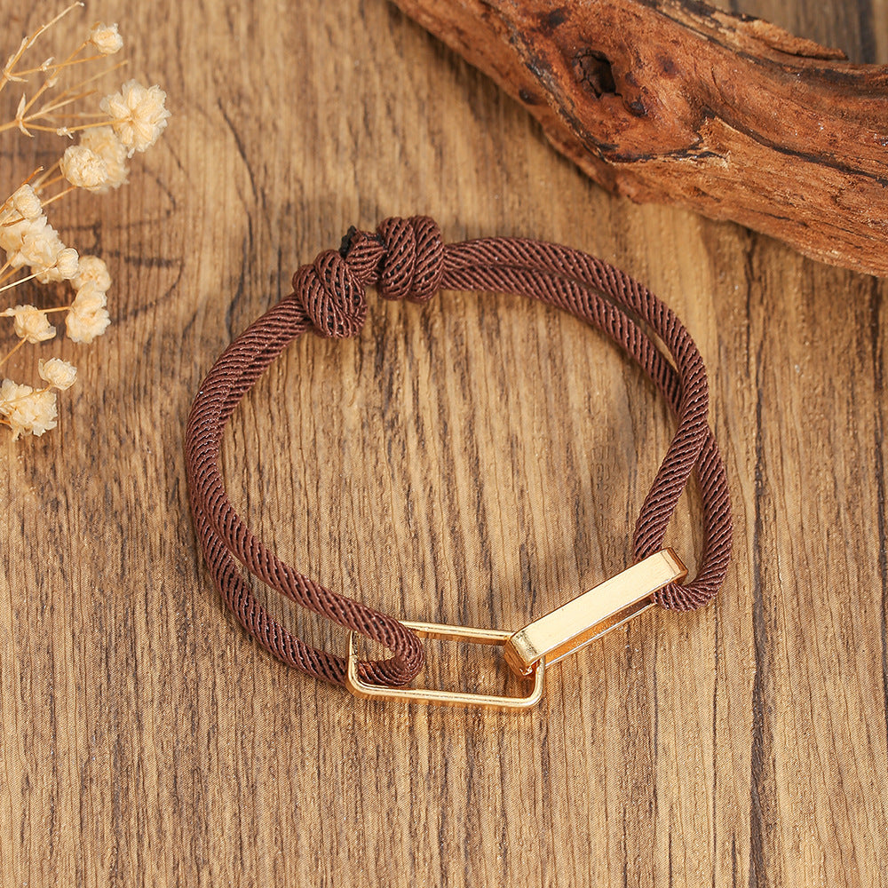 Hip-hop Mixed Materials Plated Adjustable Double Ring Braided Bracelet