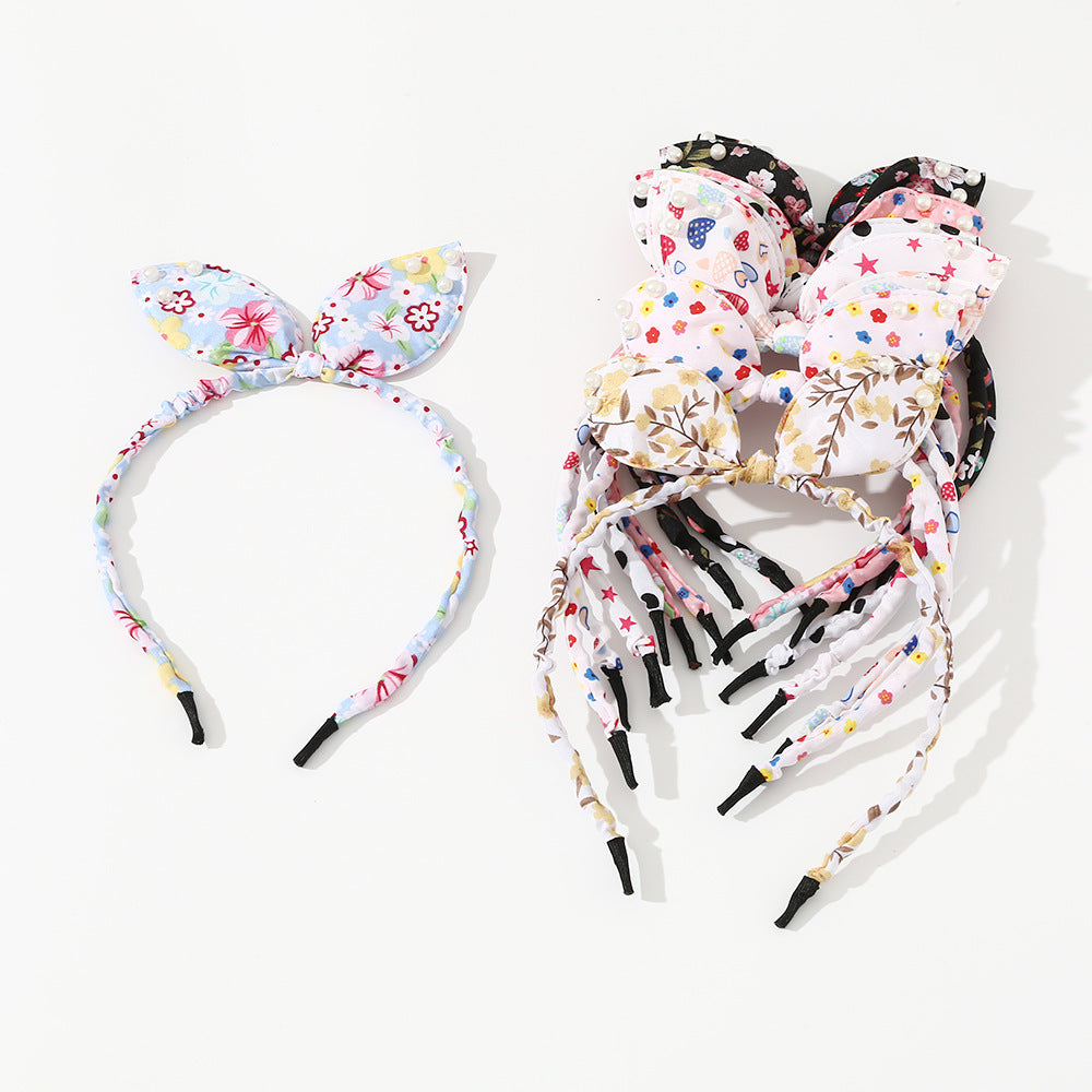 Bonito conjunto de diademas en forma de lazo para niñas con banda de tela y adornos de perlas, patrón floral estilo princesa