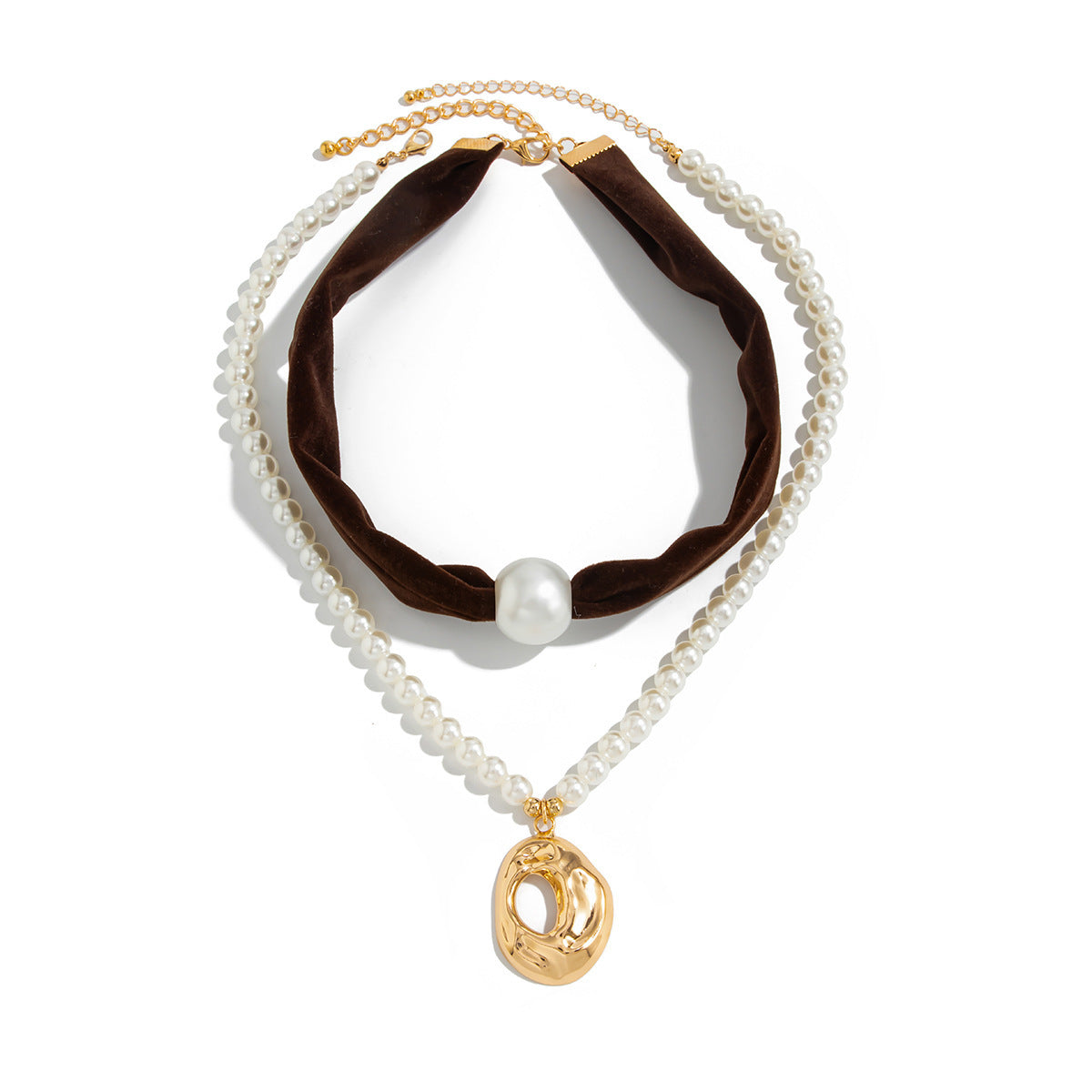 Collana da donna vintage con stampa leopardata in metallo liquido geometrica, perle finte e lega placcata in velluto