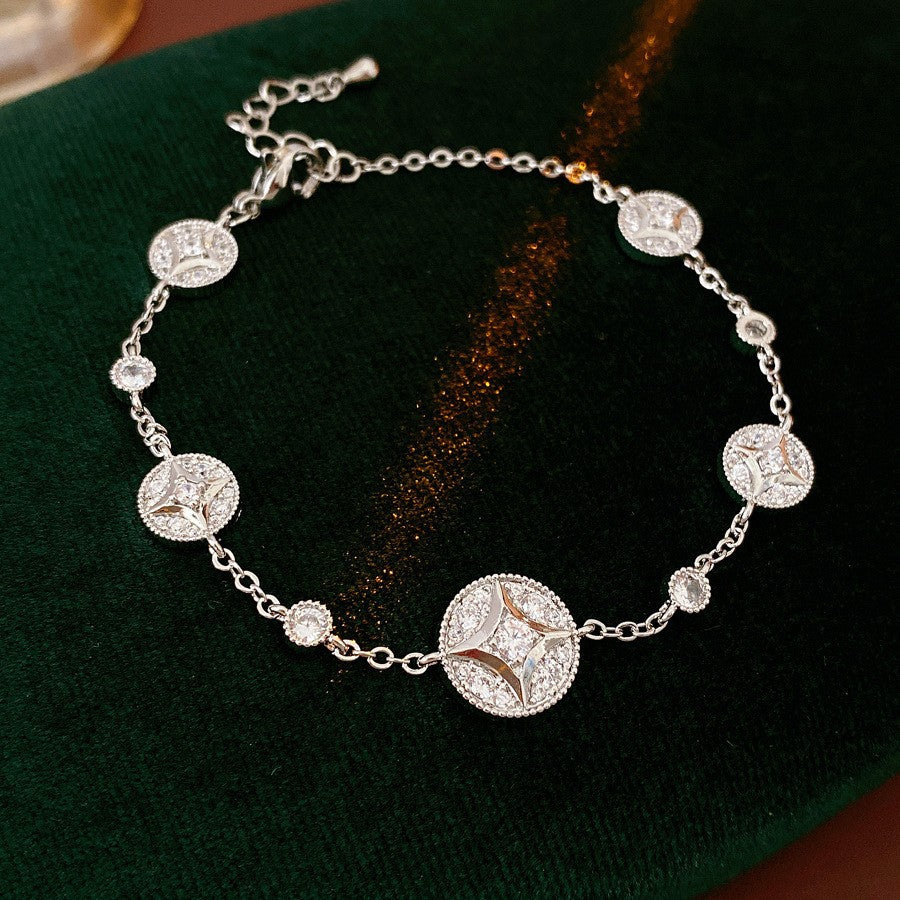 Elegant Geometric Floral Bracelet for Women in Plated Copper with Rhinestone Accents, Minimalist Office Style Hand Jewelry