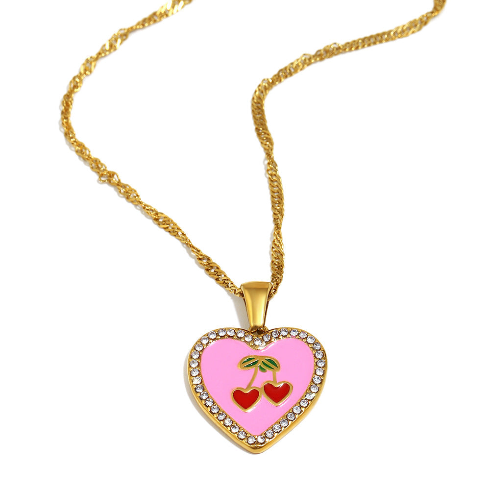 Luxury French-Inspired Cherry Heart Pendant Necklace in Stainless Steel with 18K Gold Plating and Enamel Finish