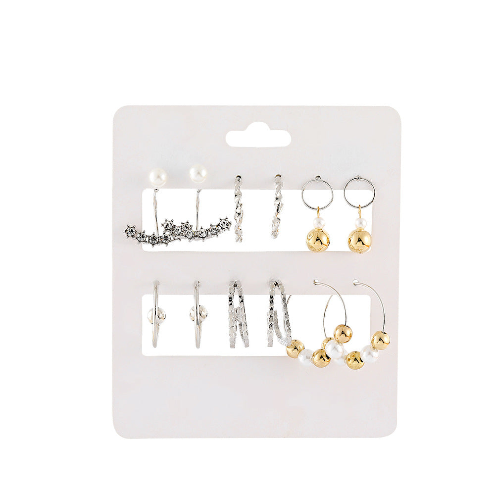 Vintage Geometric Round Alloy Hoop Earrings Set with Rhinestone and Pearl Inlay