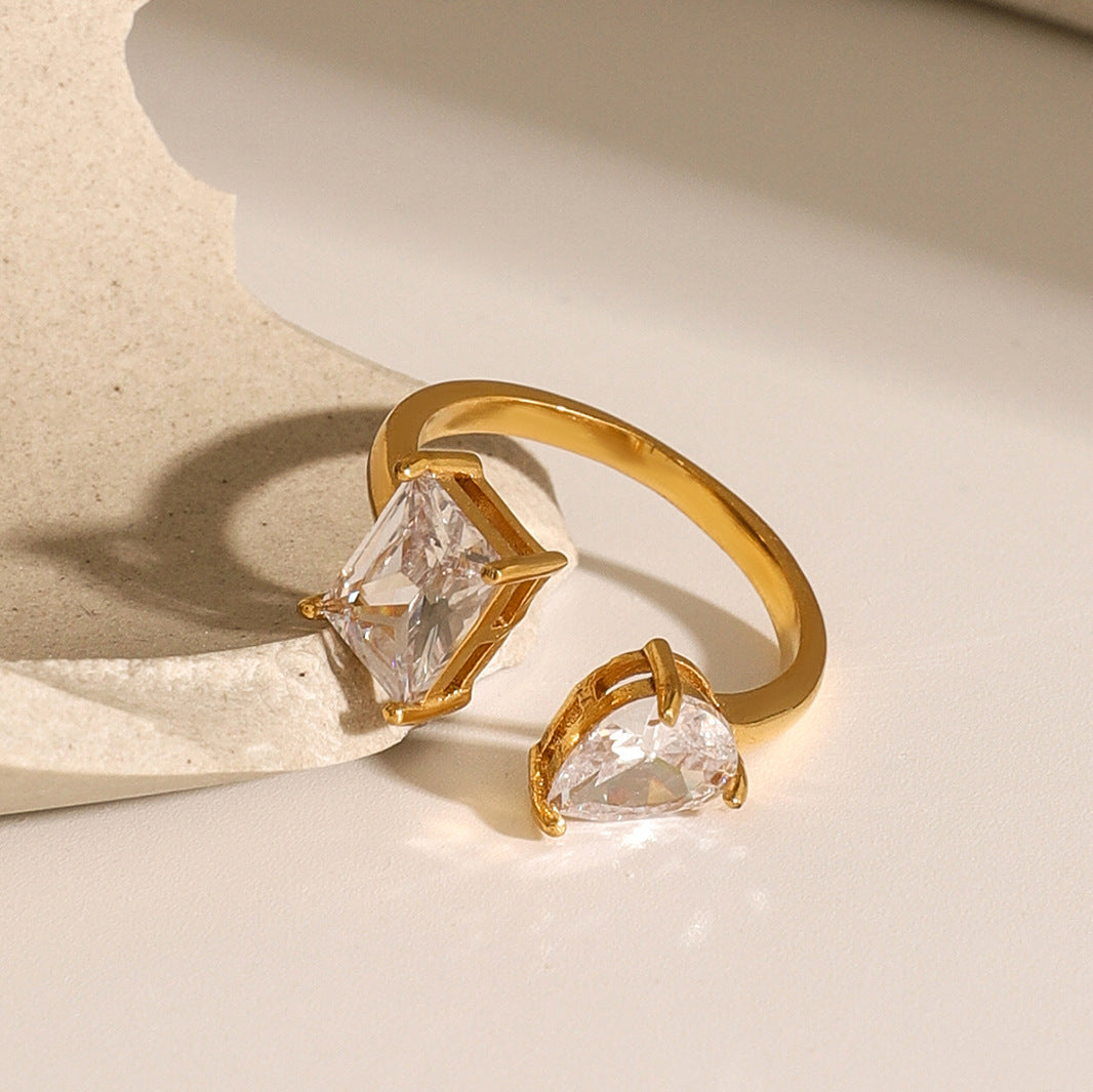 Anillo ajustable abierto de acero inoxidable geométrico vintage chapado en oro de 18 quilates con circonita para mujer
