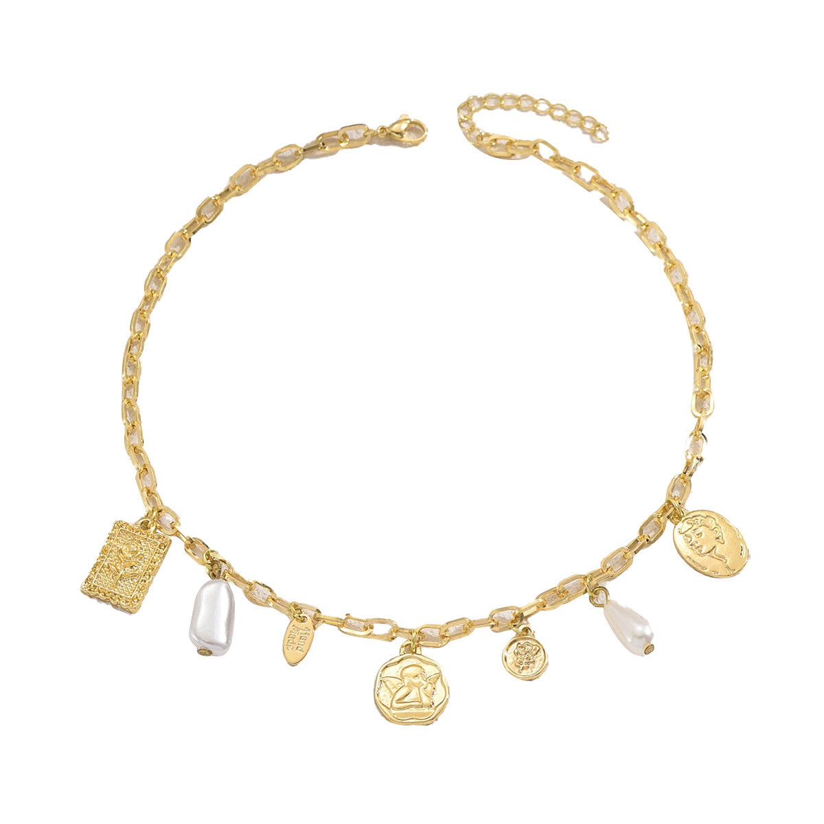 Collana con Pendente Geometrico d'Ispirazione Vintage da Donna Realizzata in Lega di Zinco con Intarsio di Perle e Ciondolo Quadrato